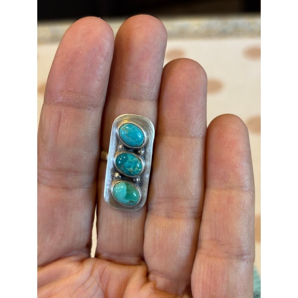 Three Stone Turquoise Sterling Silver Ring | Long Southwestern Statement Ring - Picture 3 of 7